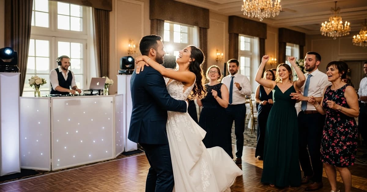 Professional wedding DJ at a lit mixing desk with a packed dance floor behind them