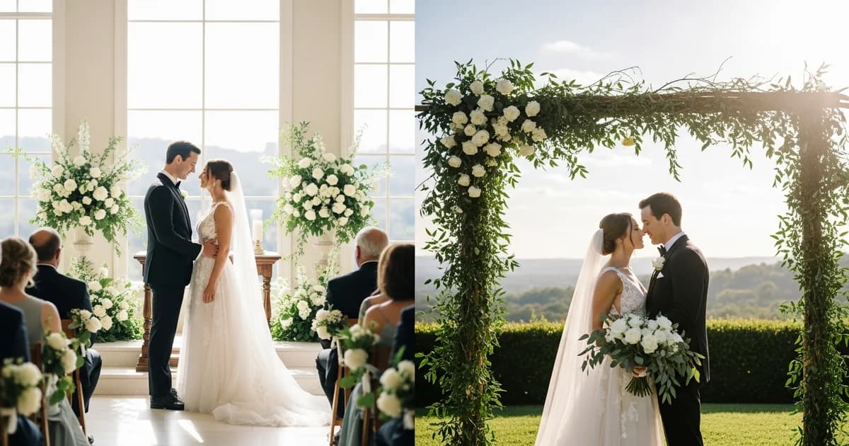 Pareja eligiendo entre boda en interior o exterior en una finca española