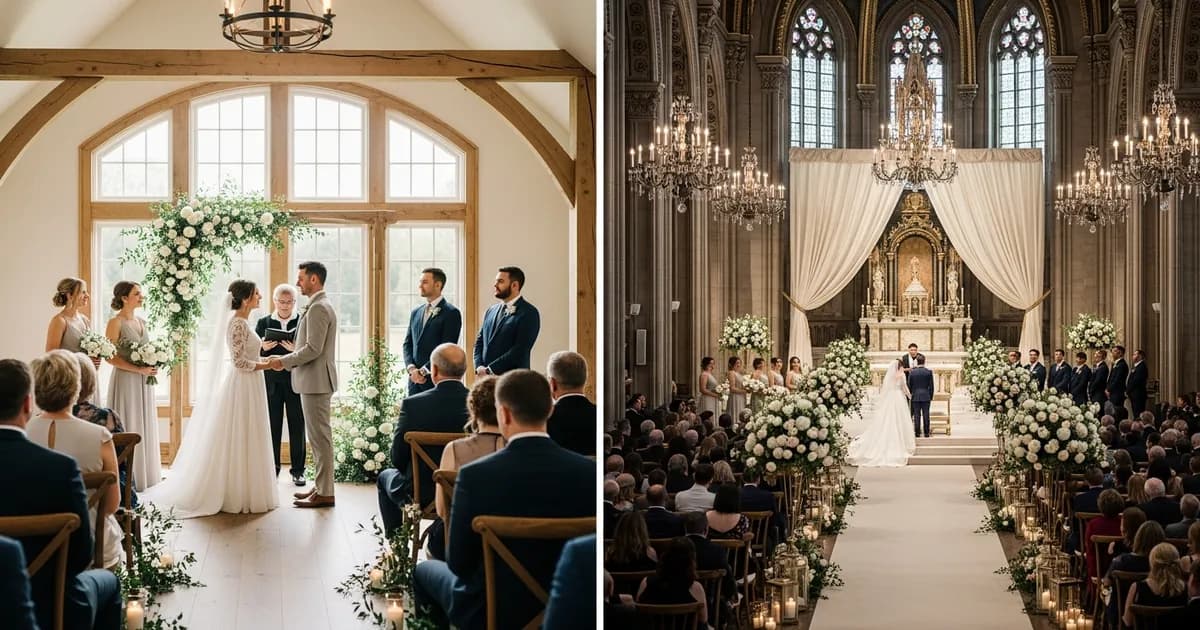 Pareja eligiendo entre boda íntima o grande en una mesa con listas de invitados