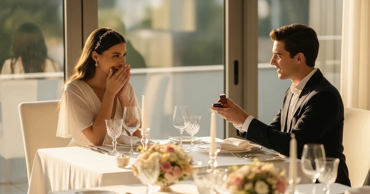Mesa elegante decorada para una cena de pedida con flores y velas
