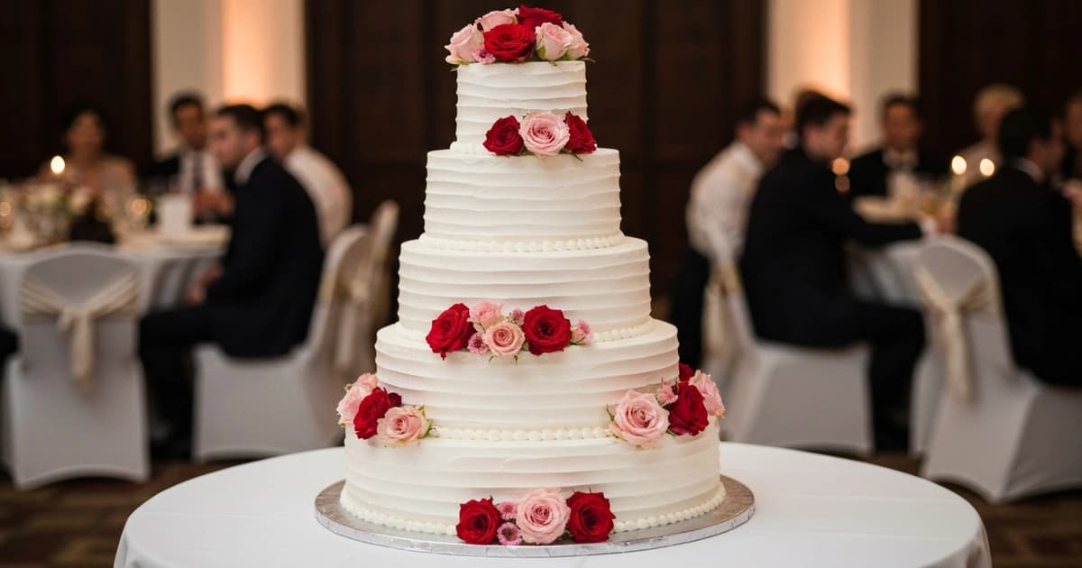 Elegant multi-tier wedding cake with fresh flowers for wedding celebration