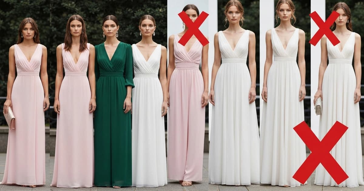 Paleta de colores para invitadas de boda mostrando tonos apropiados e inapropiados