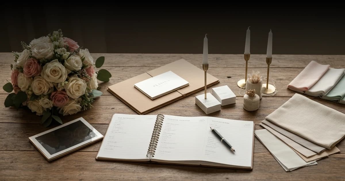 Pareja revisando contratos con proveedores de boda sobre una mesa con muestras de tela y fotografías