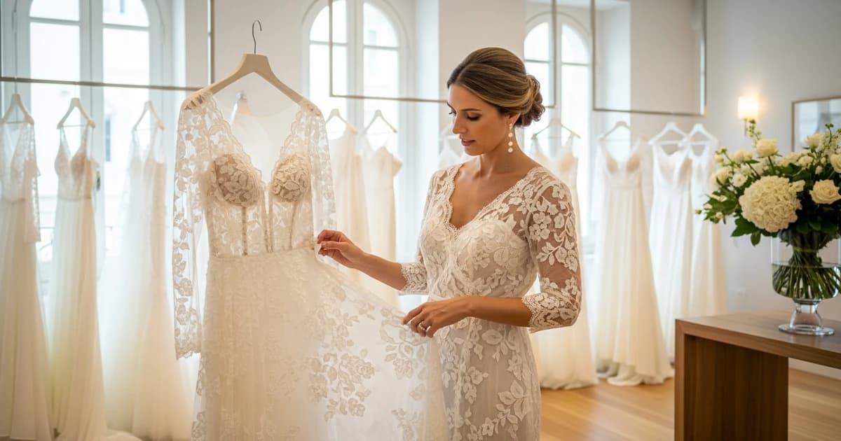 Novia eligiendo vestido de novia en un atelier iluminado con varios modelos expuestos