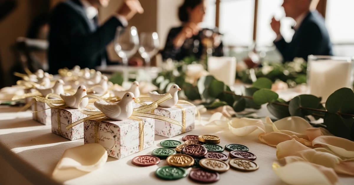 Detalles de boda para invitados dispuestos sobre mesa de madera con flores y etiquetas personalizadas