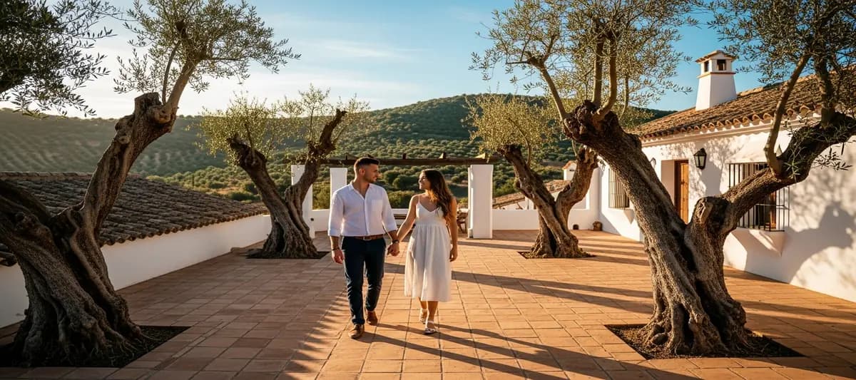 Couple visiting a Spanish country estate as a possible wedding venue