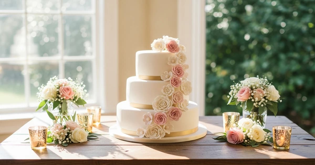Tarta nupcial de varios pisos decorada con flores frescas sobre mesa de madera en boda exterior