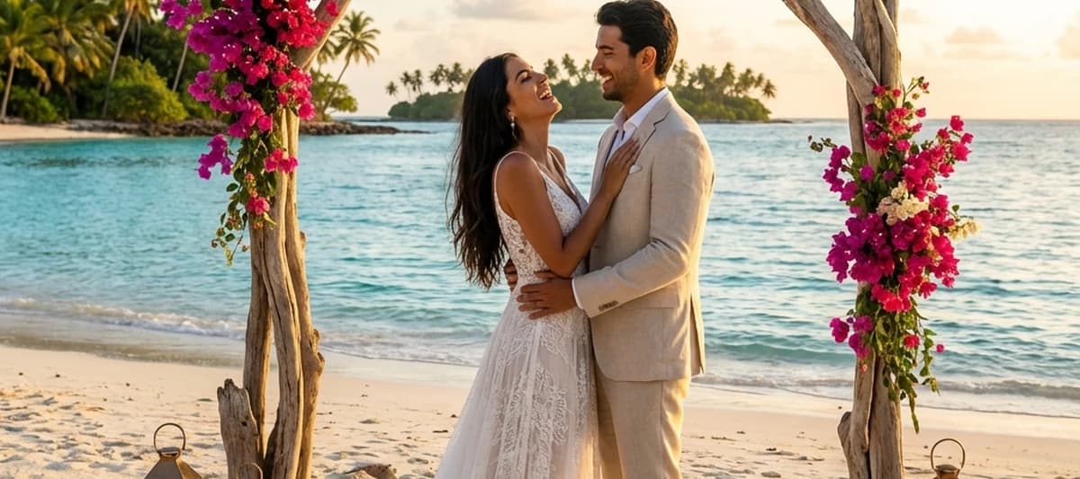 Couple celebrating their wedding on a paradise beach at sunset with a floral arch