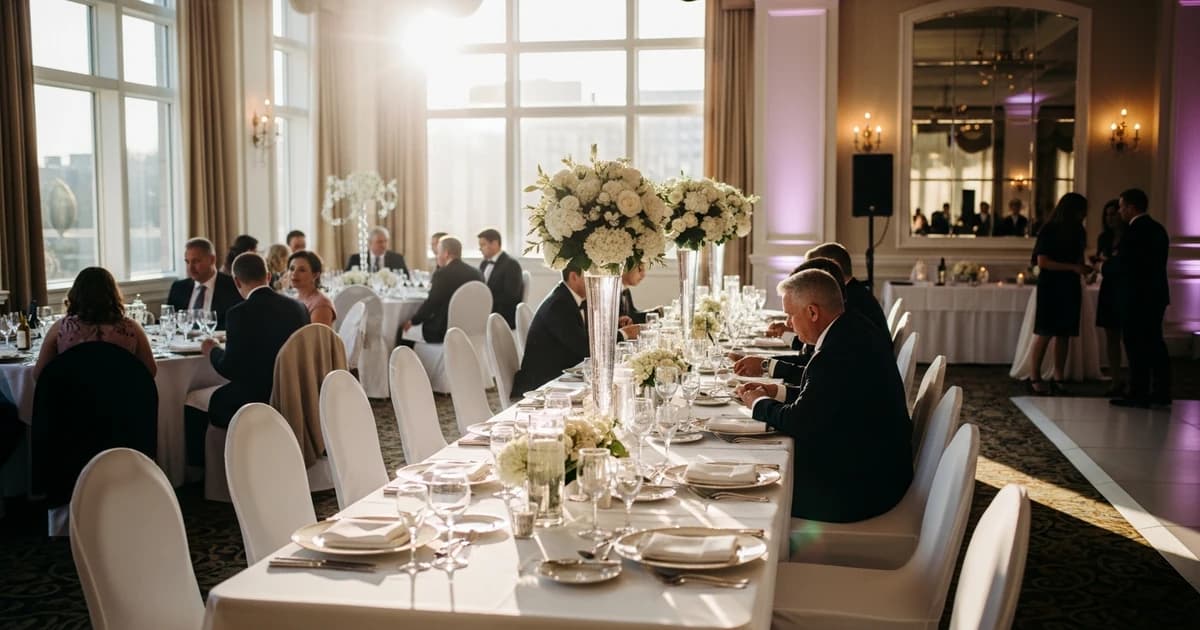 Pareja eligiendo el lugar de su boda entre un jardín y una sala interior iluminada