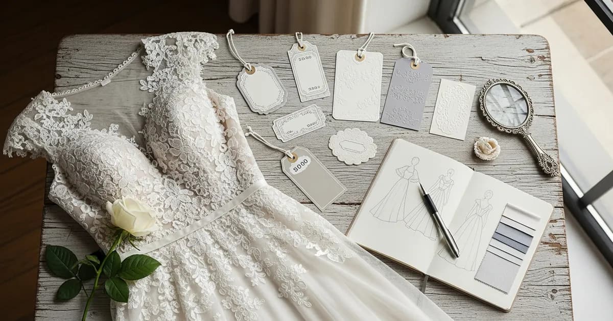 Vestido de novia en atelier español con etiqueta de precio visible, guía de precios vestido de novia España