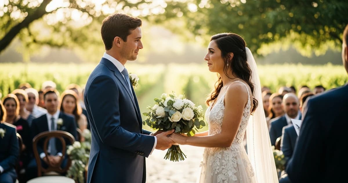 Pareja intercambiando votos durante la ceremonia de boda con flores de fondo