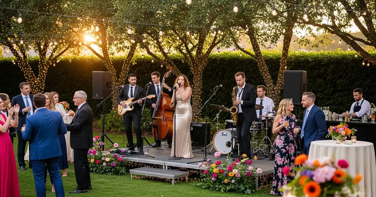 Banda de música en directo tocando durante el cóctel de una boda
