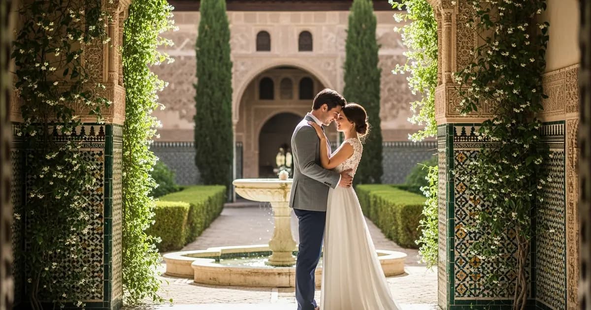 Pareja en un jardín romántico de Andalucía durante una pedida de mano al atardecer