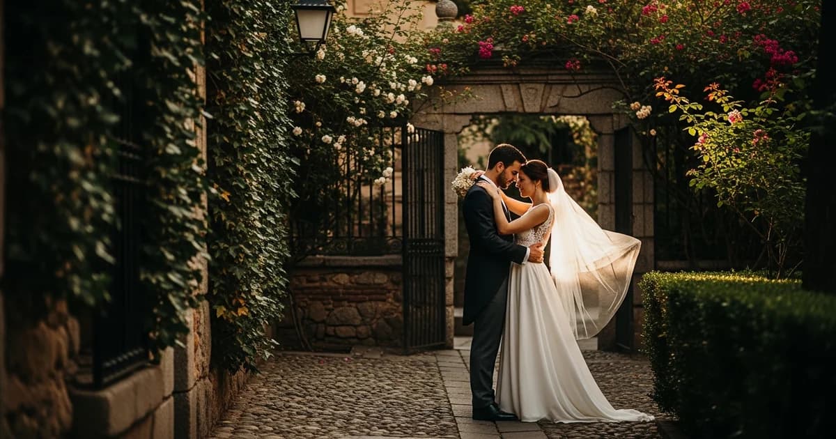 Pareja en el Parque del Retiro de Madrid durante una pedida de mano romántica al atardecer
