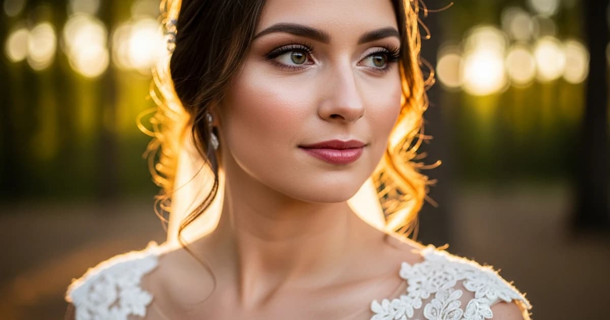 Novia con maquillaje nupcial elegante mirando al espejo el día de su boda