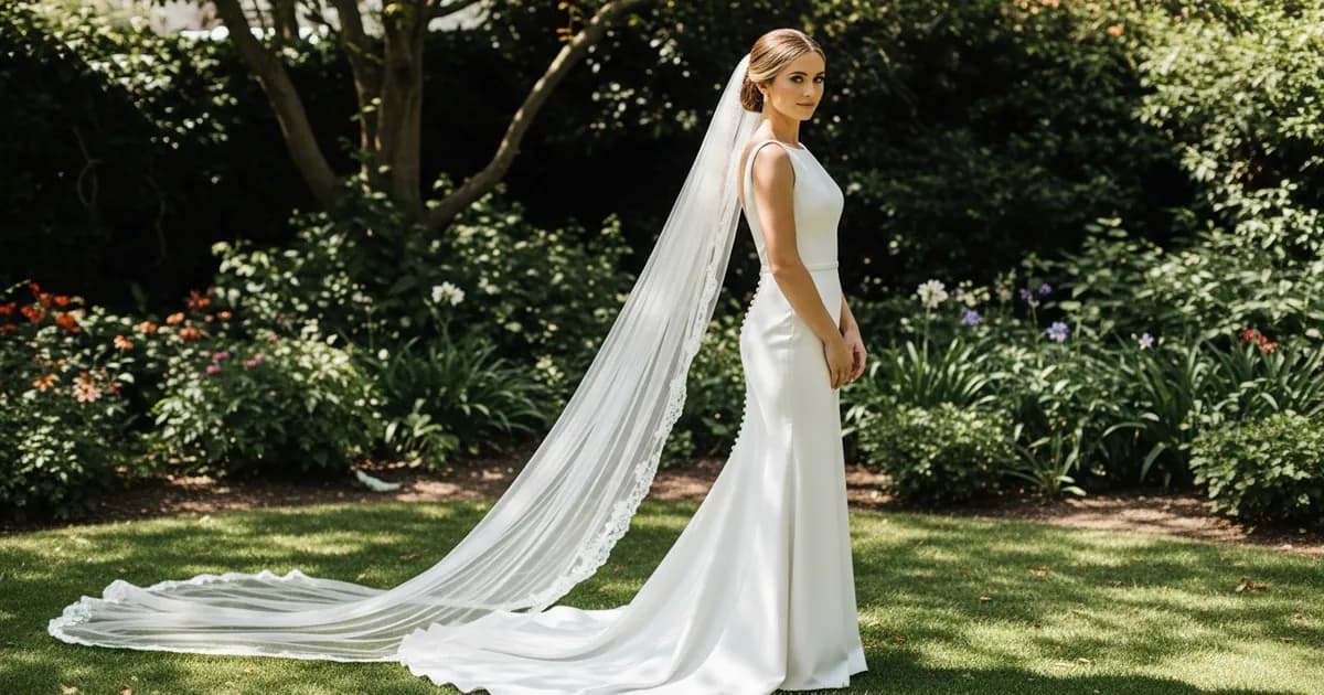 Bride with a polished low bun and long veil at a garden ceremony