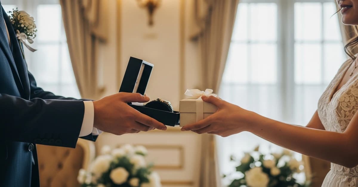 Selección de regalos de pedida sobre mesa de madera con flores y anillo de compromiso