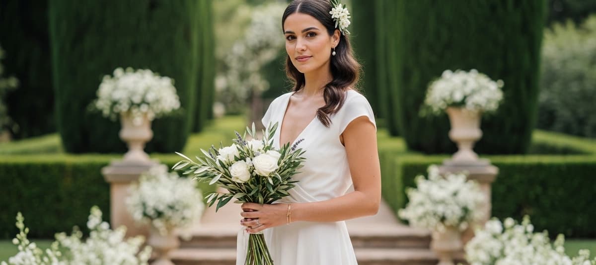 Novia con vestido de novia sencillo y elegante para boda civil en España, luz natural exterior