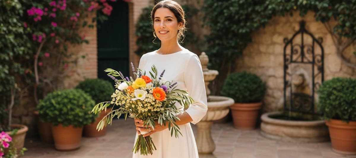 Novia en segunda boda con vestido midi en color marfil y ramo de flores silvestres en jardín español