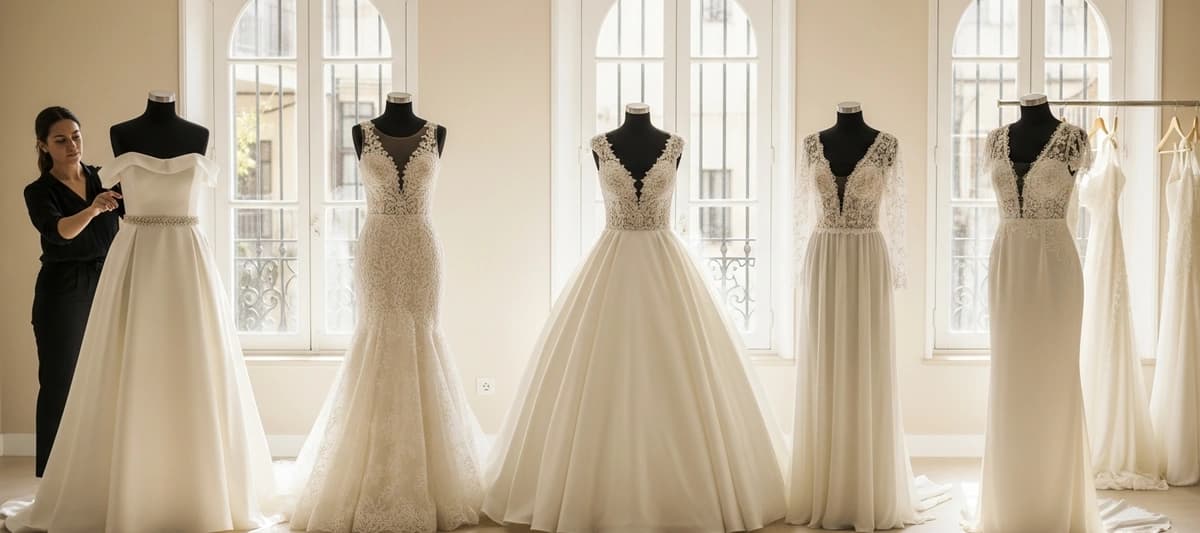 Diferentes siluetas de vestidos de novia expuestas en un atelier nupcial, mostrando opciones para cada tipo de cuerpo