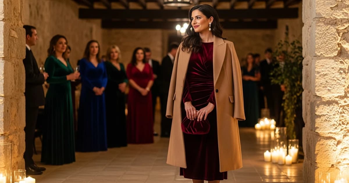 Invitada a boda de invierno con vestido de terciopelo burdeos y capa de lana