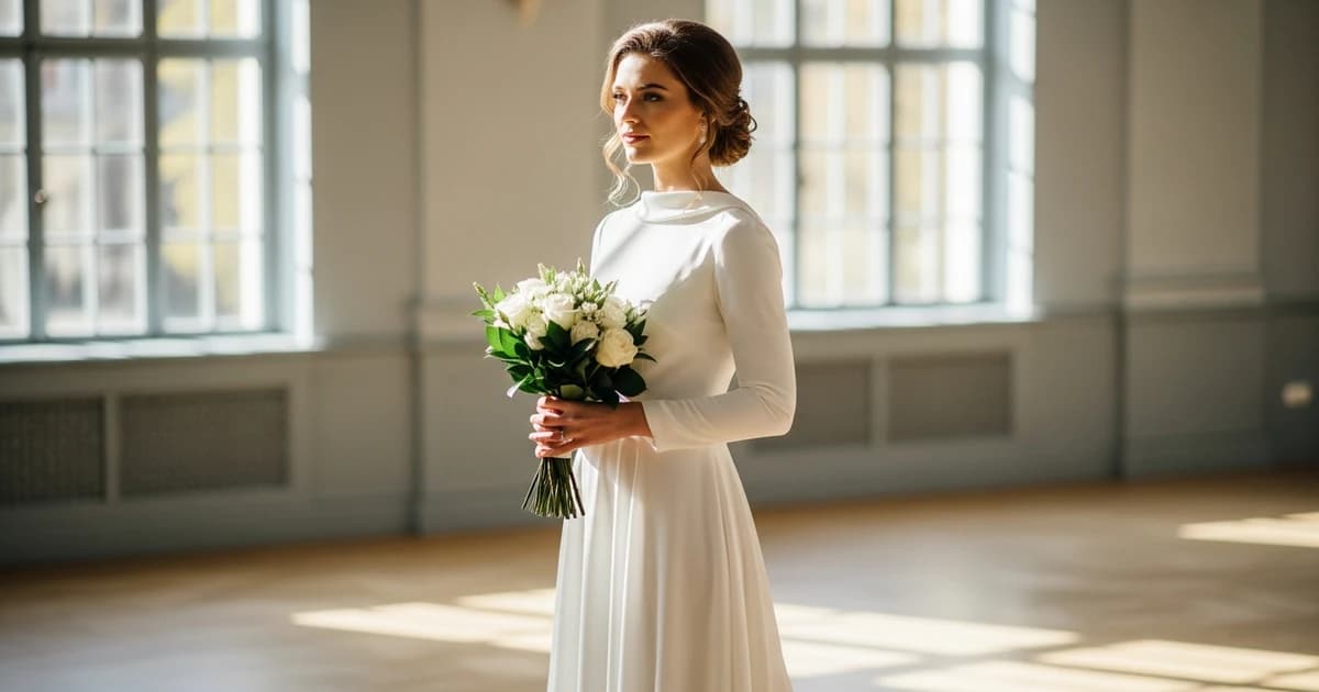 Novia con vestido midi blanco sencillo en el exterior de un ayuntamiento en España con luz natural