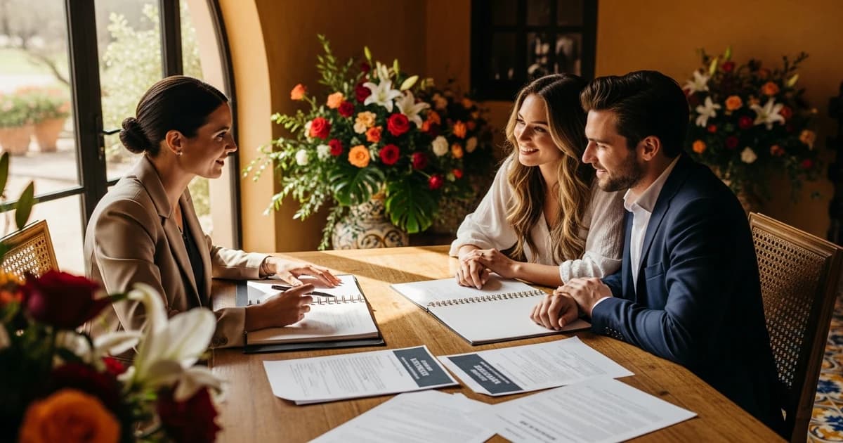 Wedding planner reviewing a wedding schedule with a couple at a table with papers and flowers