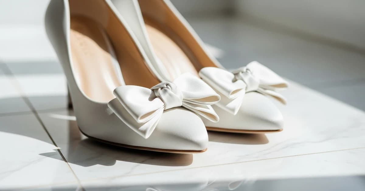 Zapatos de novia blancos de tacón sobre suelo de mármol el día de la boda