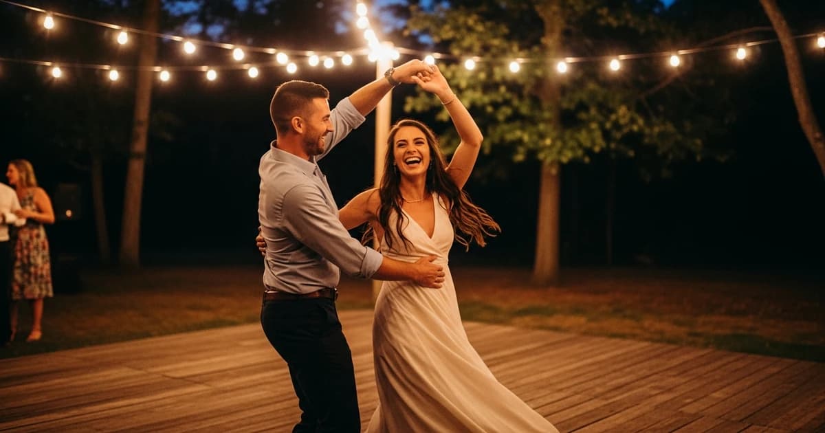 DJ playing music at a wedding with a packed dance floor full of guests