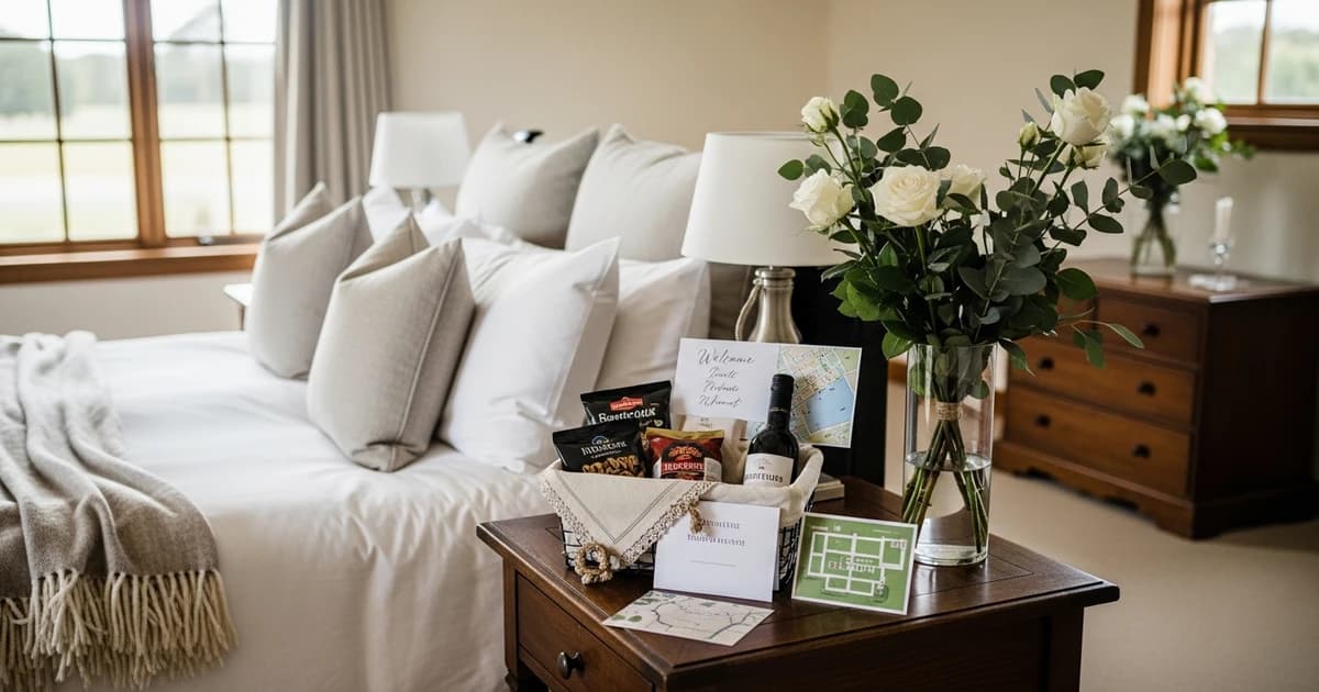 Habitación de hotel preparada para invitados de boda con detalles nupciales