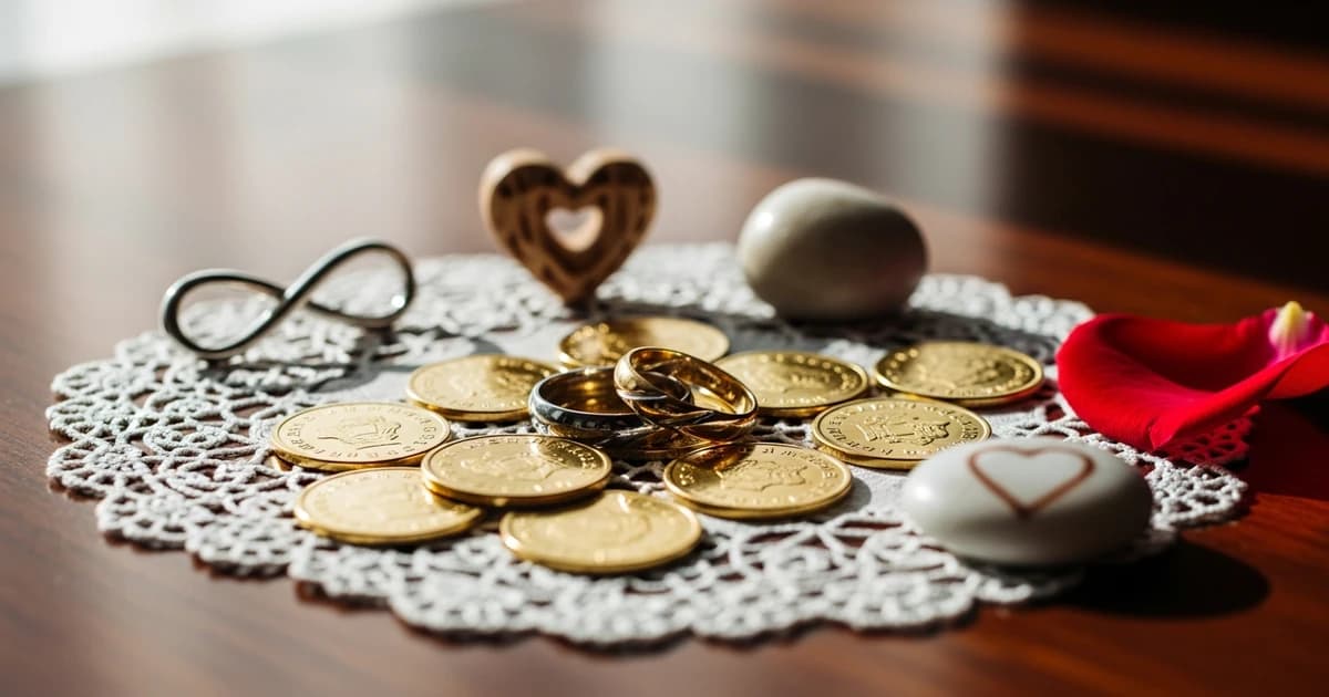 Wedding rings and arras coins on velvet, symbols of love at the wedding ceremony