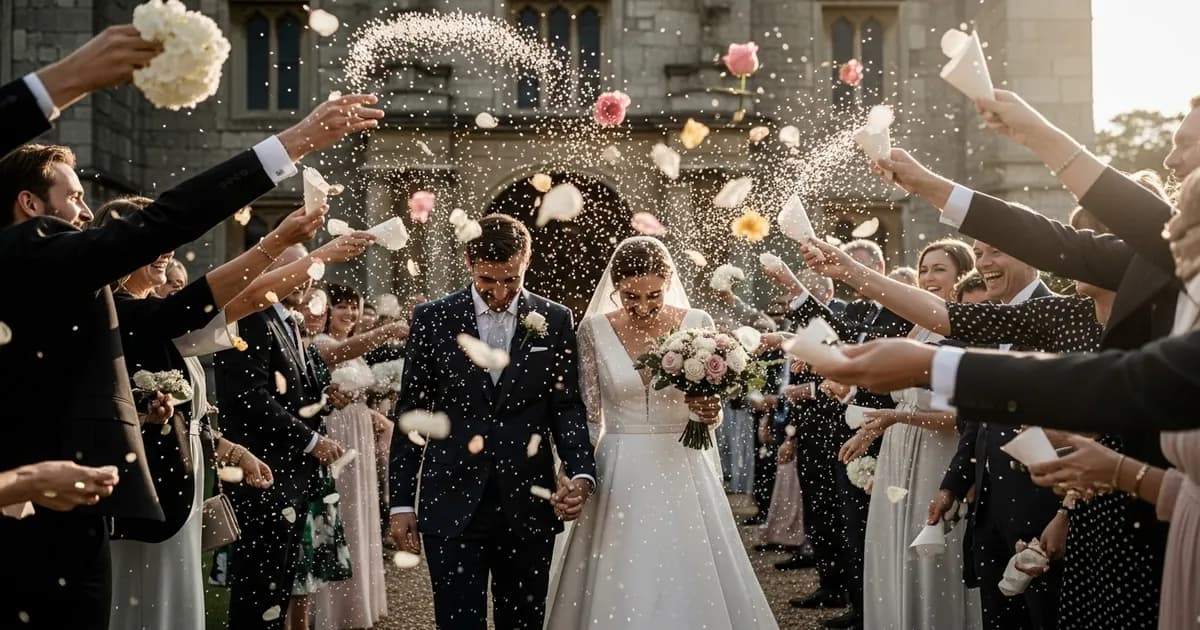 Invitados lanzando pétalos de rosa a los novios a la salida de la iglesia