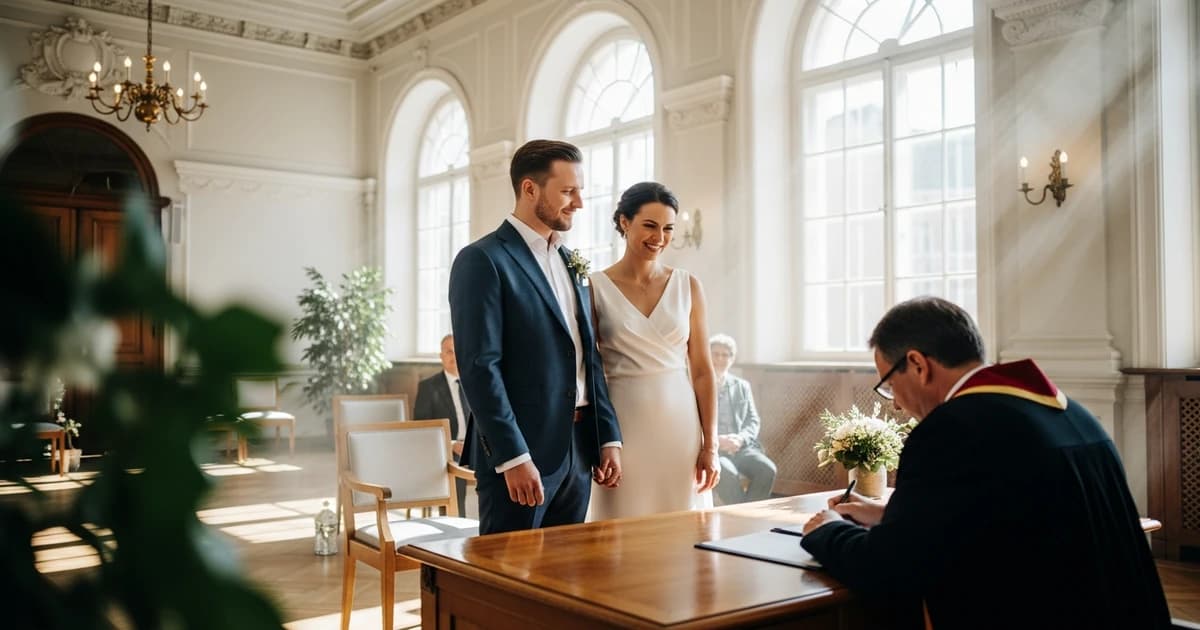 Couple signing the civil marriage certificate before a judge in a justice of the peace court