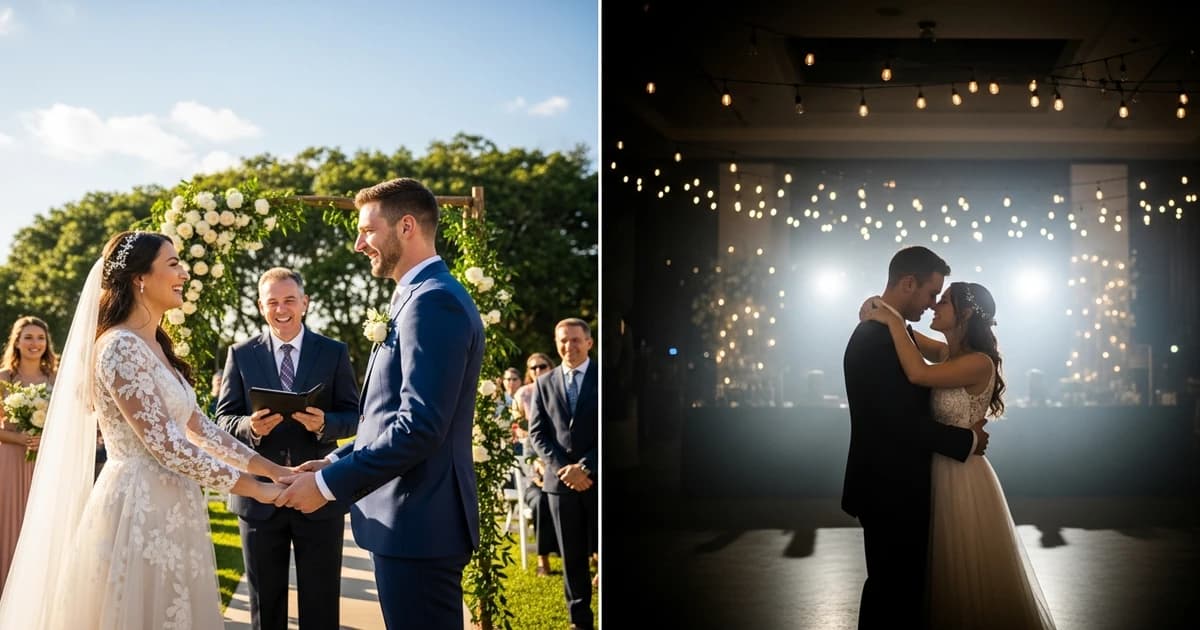 Pareja celebrando boda de día en jardín con luz natural dorada frente a boda de noche con velas e iluminación cálida