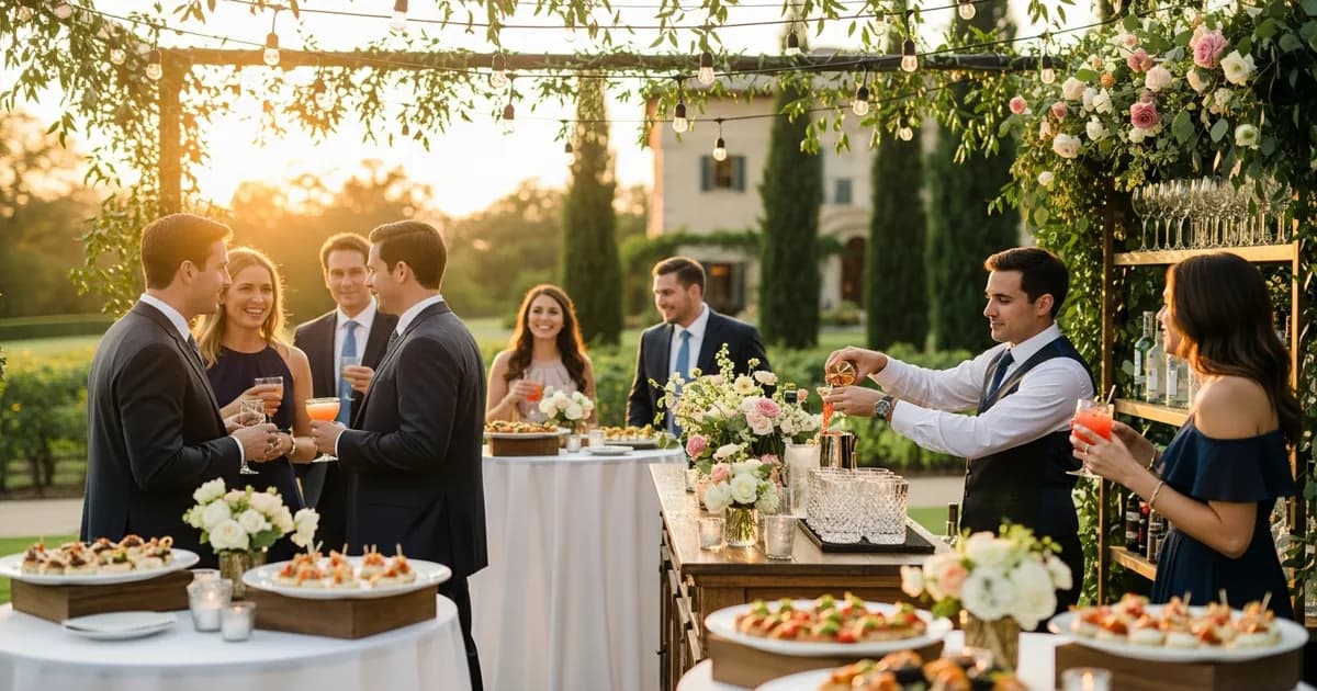 Cóctel de recepción de boda con canapés y copas de cava en jardín exterior