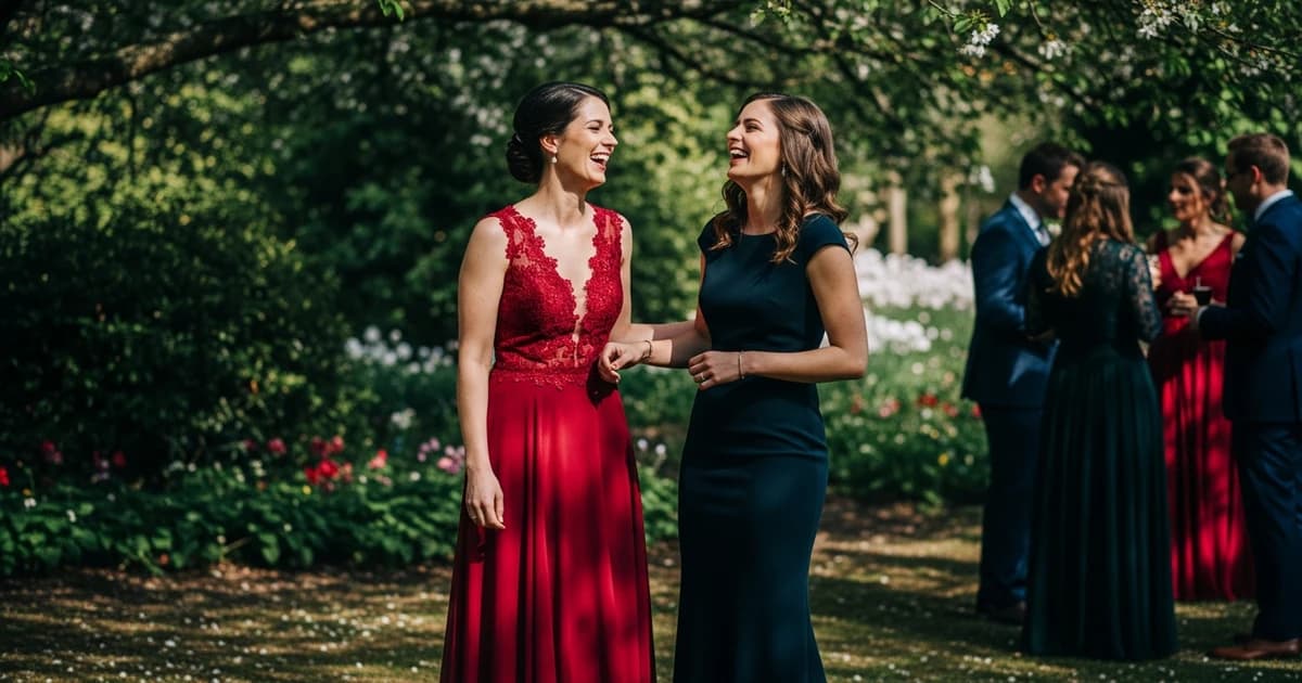 Invitada de boda eligiendo vestido para evitar colores prohibidos como el blanco