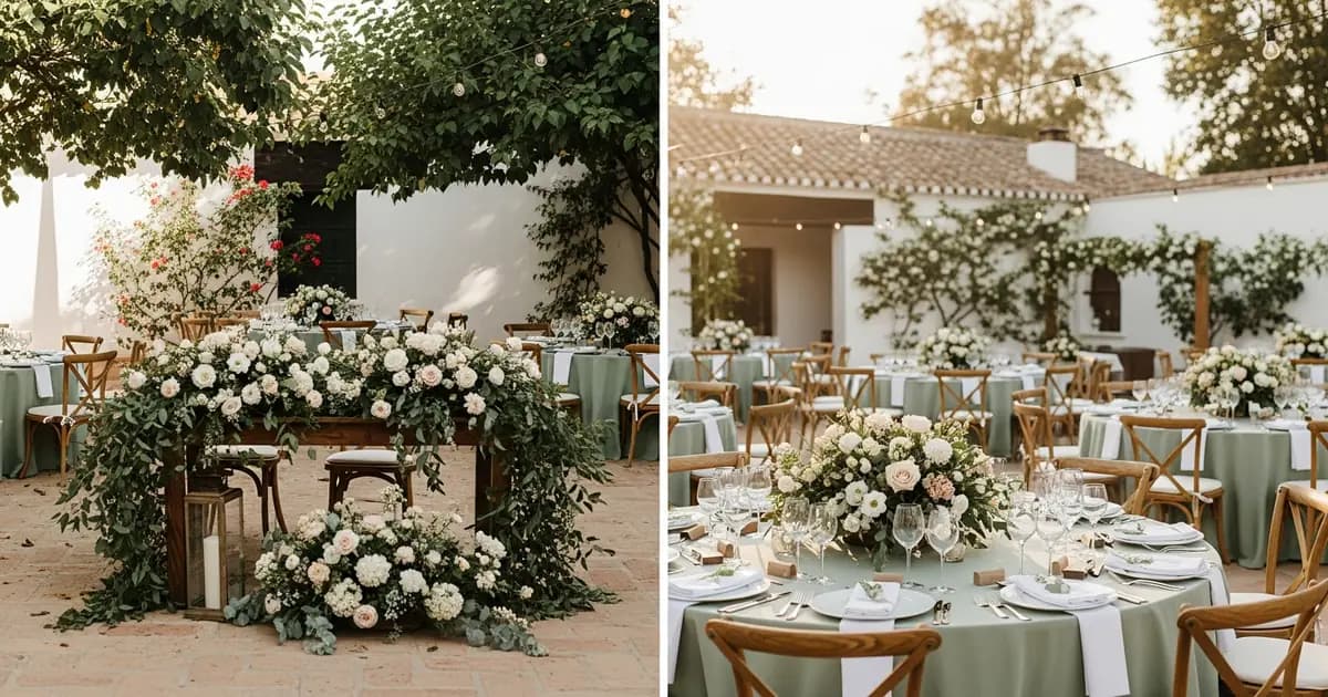 Pareja celebrando una boda económica en España con decoración sencilla y elegante al aire libre