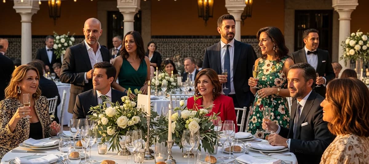 Recepción de boda elegante en España con mesas decoradas, flores y luz dorada de atardecer