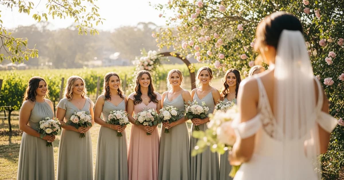 Damas de honor en boda española posando junto a la novia con vestidos coordinados