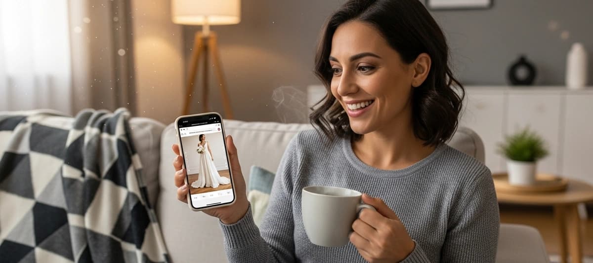 Novia descubriendo su vestido de novia ideal en su smartphone con una taza de café en la mano