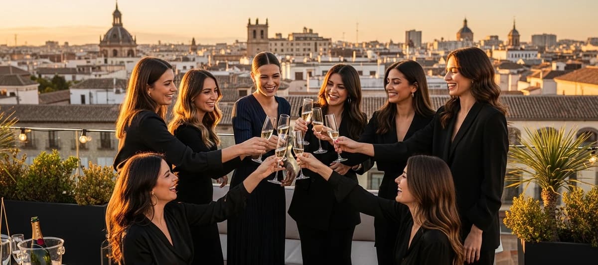 Grupo de amigas celebrando una despedida de soltera en un rooftop con vistas a la ciudad