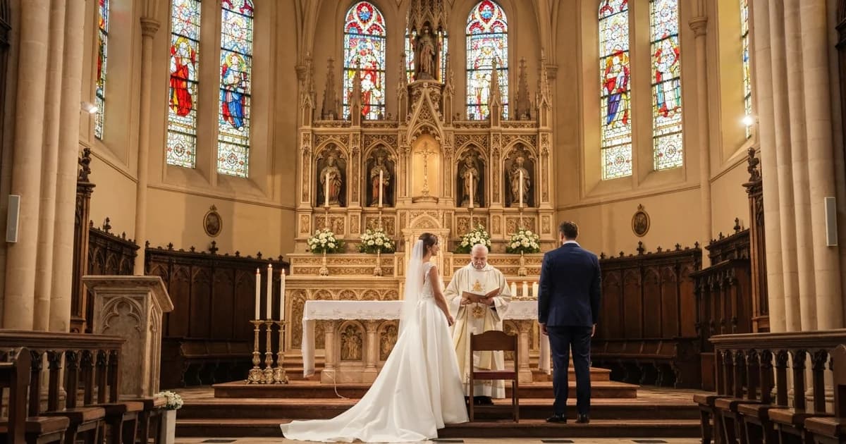 Pareja revisando la documentación para su boda católica en la sacristía de una iglesia española