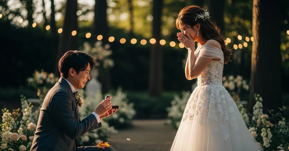 Couple at the moment of a marriage proposal, engagement ring in the foreground