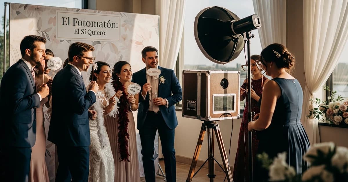 Wedding guests posing in a photo booth with props and a decorative backdrop