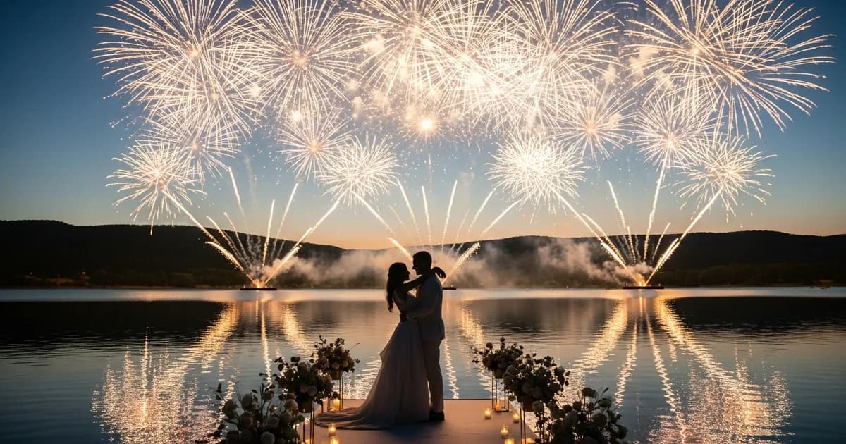 Fireworks lighting up the night sky at an outdoor wedding