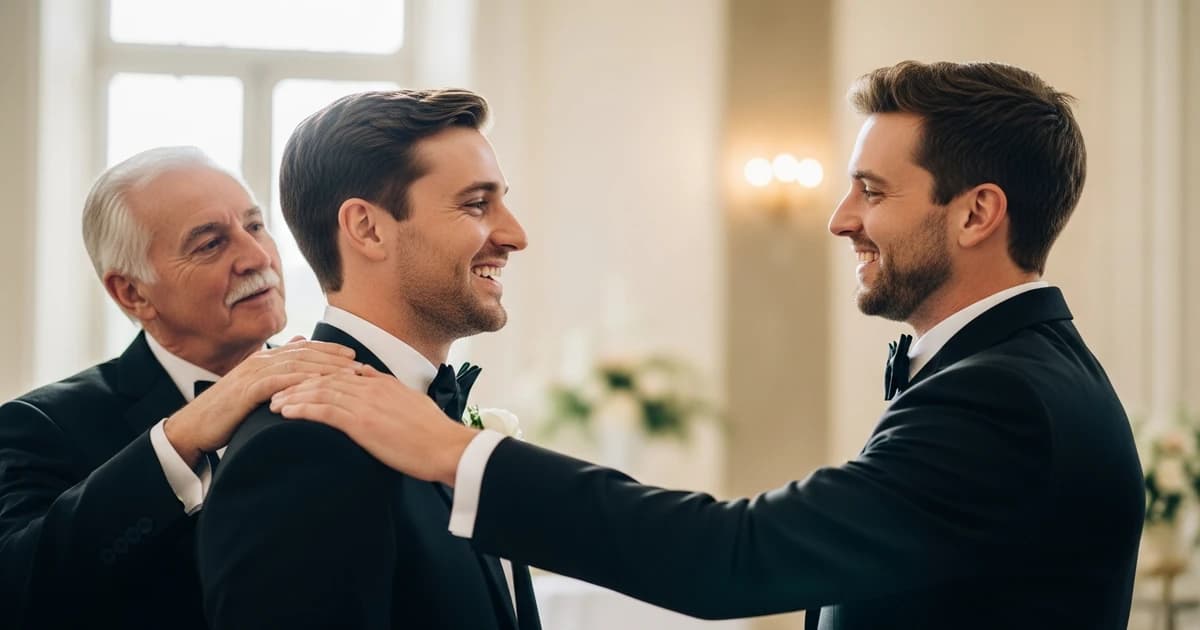 Best man y padrino del novio charlando antes de la ceremonia de boda
