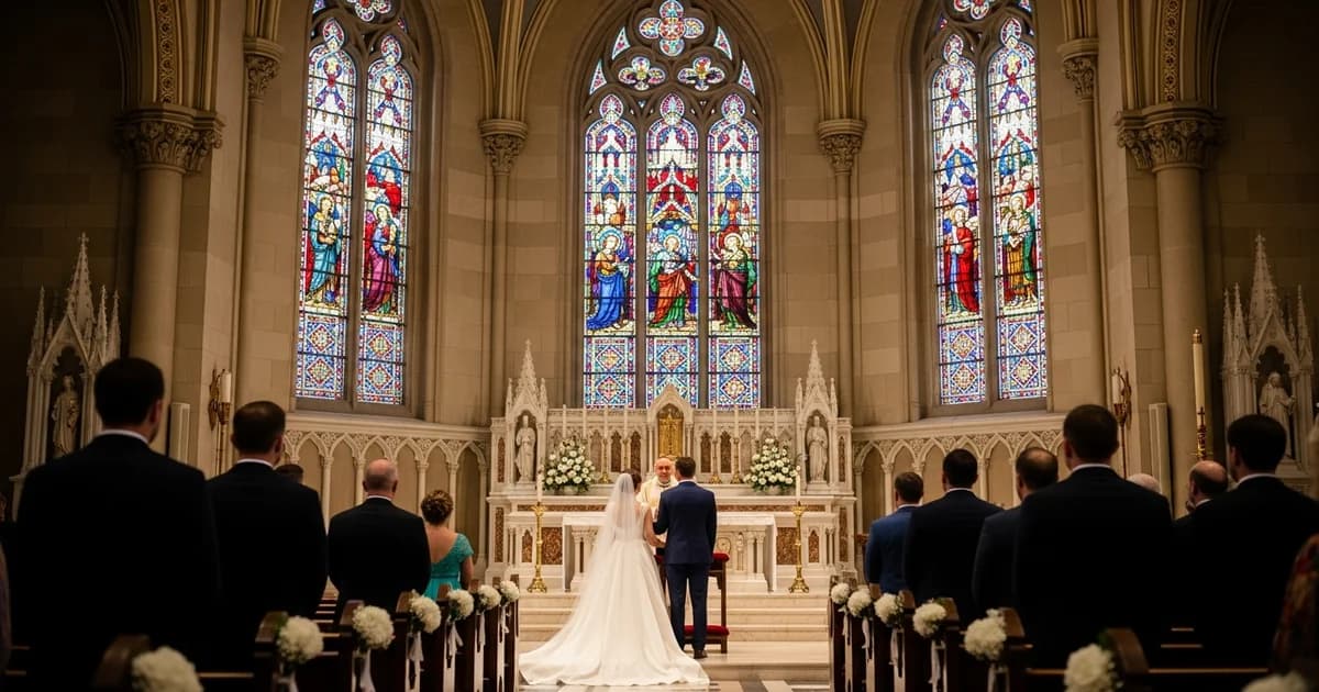 Pareja en el altar durante una boda católica siguiendo el protocolo tradicional