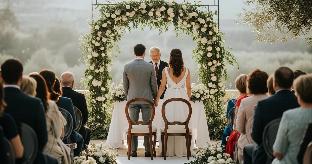 Pareja durante ceremonia de boda civil con protocolo y testigos al fondo