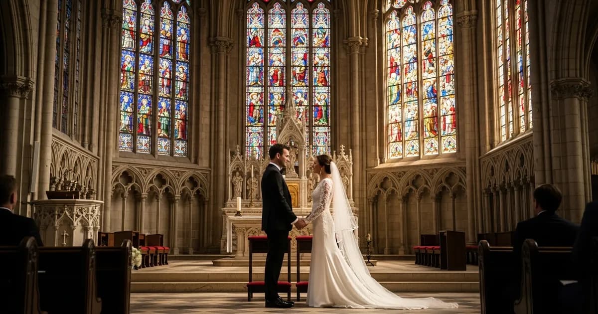 Interior of a Gothic cathedral in Spain dressed for a religious wedding with white flowers along the pews
