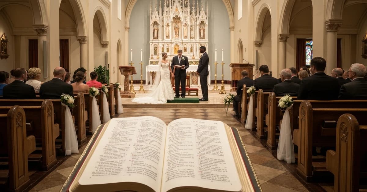 Pareja en el altar de una iglesia durante la lectura de textos bíblicos en una boda católica
